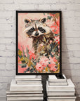 Poster - Raccoon behind flowers