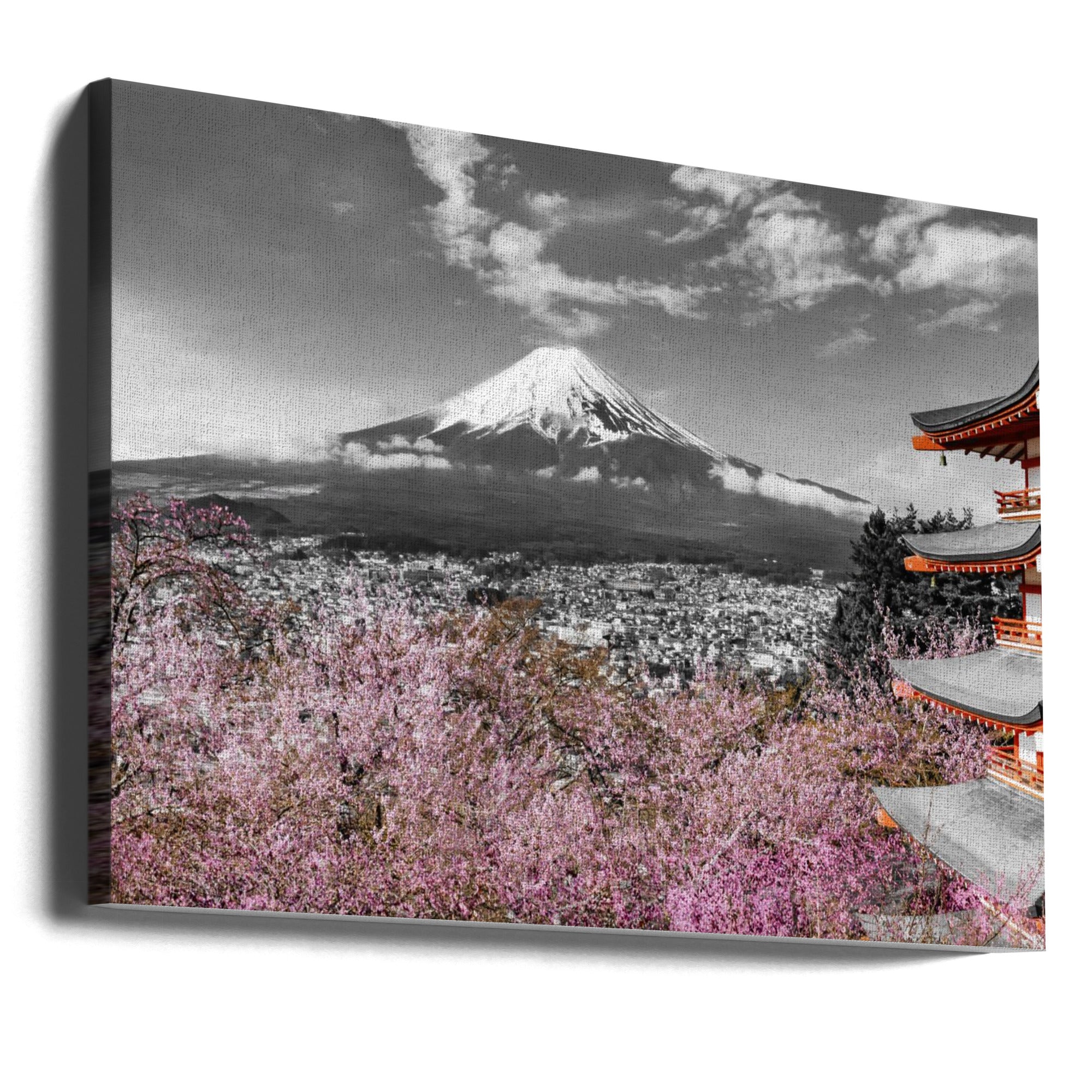 Canvas - Idyllic panoramic view of Mount Fuji with Pagoda and Cherry Trees - colorkey