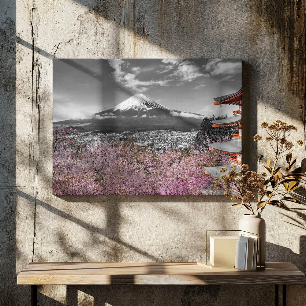 Canvas - Idyllic panoramic view of Mount Fuji with Pagoda and Cherry Trees - colorkey