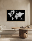 Poster - Black and white world map with cities, Connie