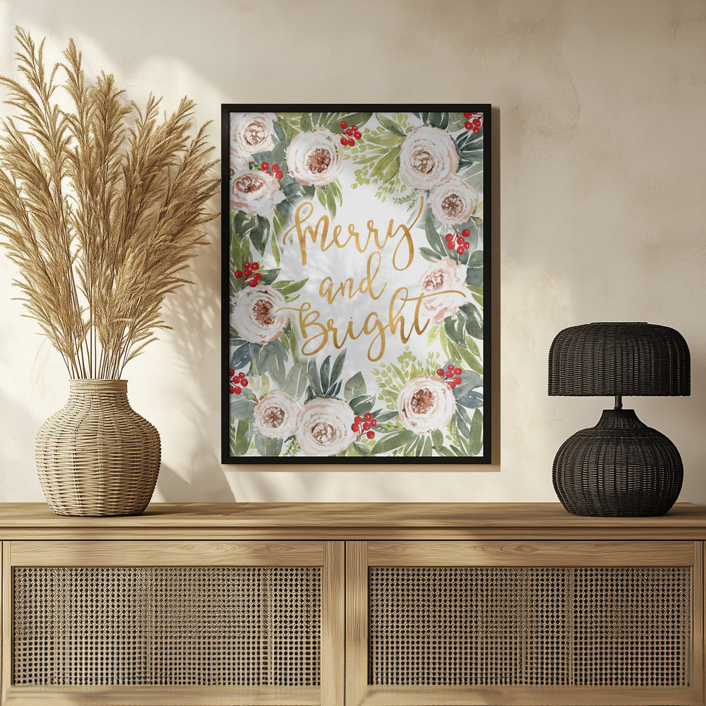 Plakat - Merry and bright holiday roses and berries