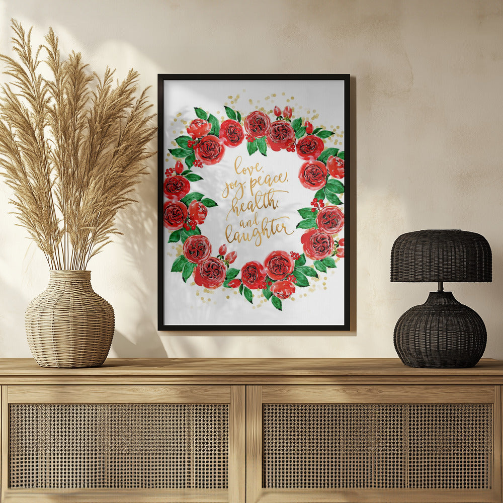 Plakat - Holiday wishes wreath of red English roses