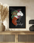 Poster - Floral Stocking Happy holidays in black