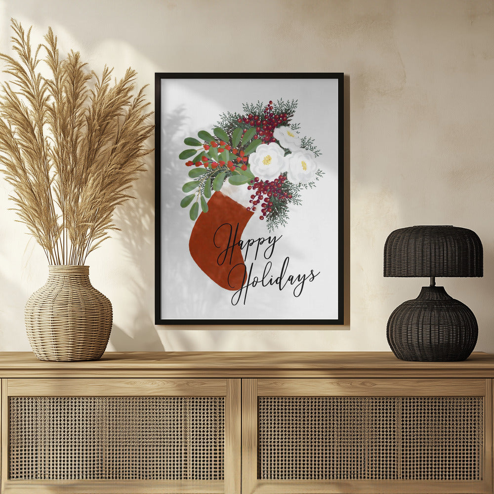 Poster - Floral Stocking Happy holidays in white