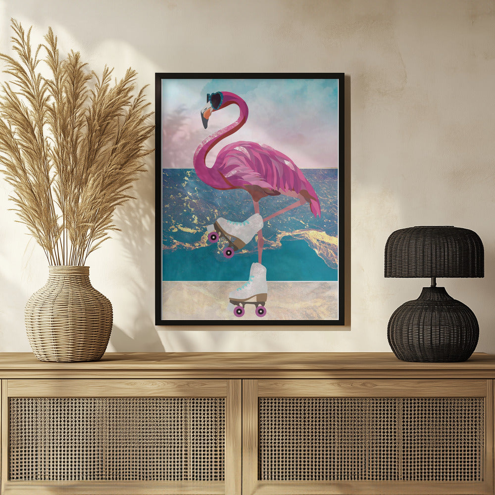 Plakat - Flamingo rollerskating on the beach