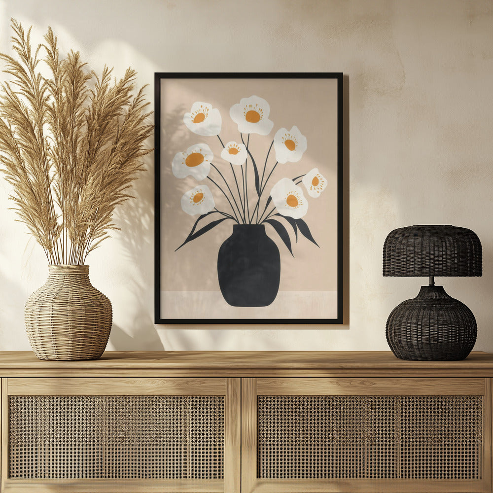 Plakat - White Flowers in Black Vase