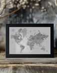 Poster - Grayscale watercolor world map with cities, Rylan