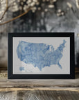 Plakat - Blue watercolor map of the USA with states and state capitals