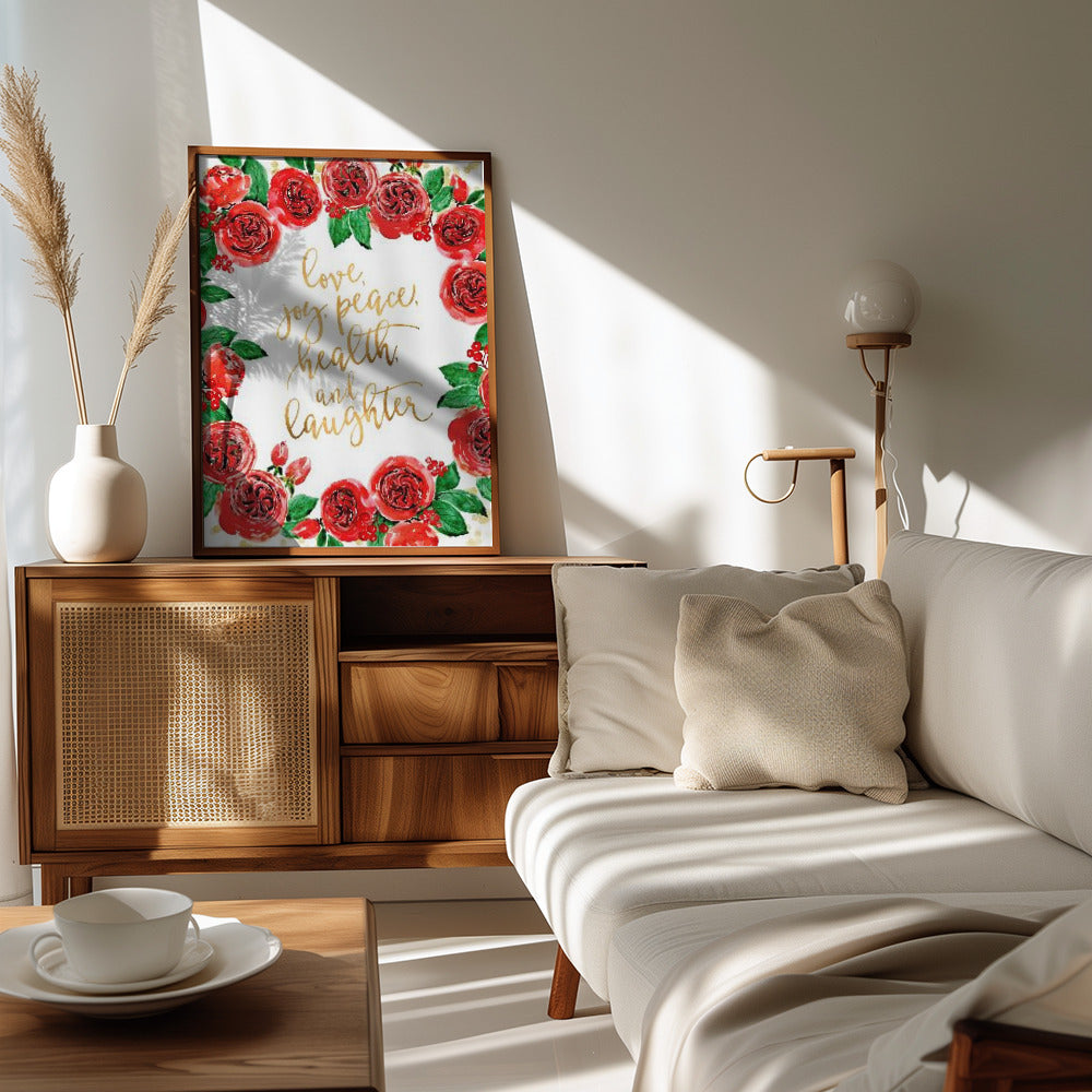 Plakat - Holiday wishes wreath of red English roses