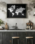 Poster - Black and white world map with cities, Connie