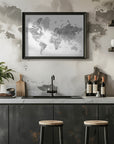 Poster - Grayscale watercolor world map with cities, Rylan