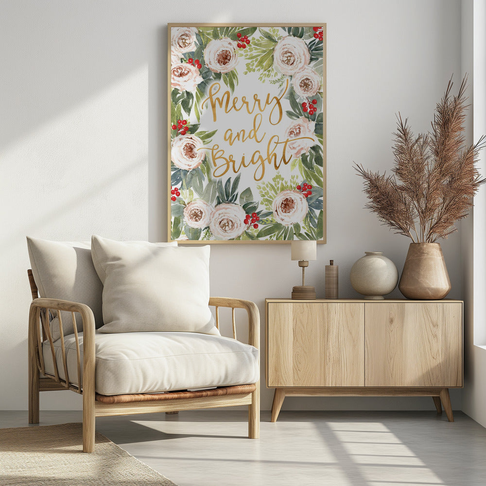 Plakat - Merry and bright holiday roses and berries