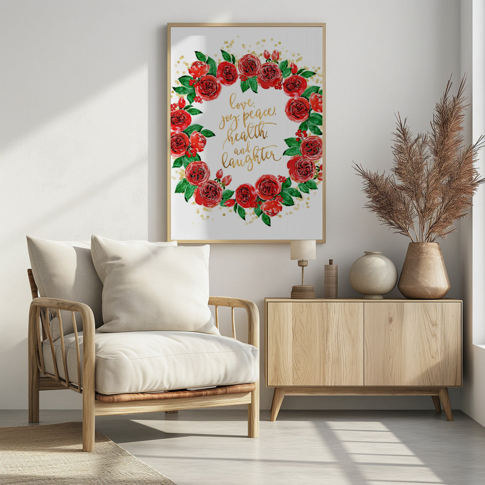 Plakat - Holiday wishes wreath of red English roses