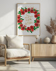 Plakat - Holiday wishes wreath of red English roses