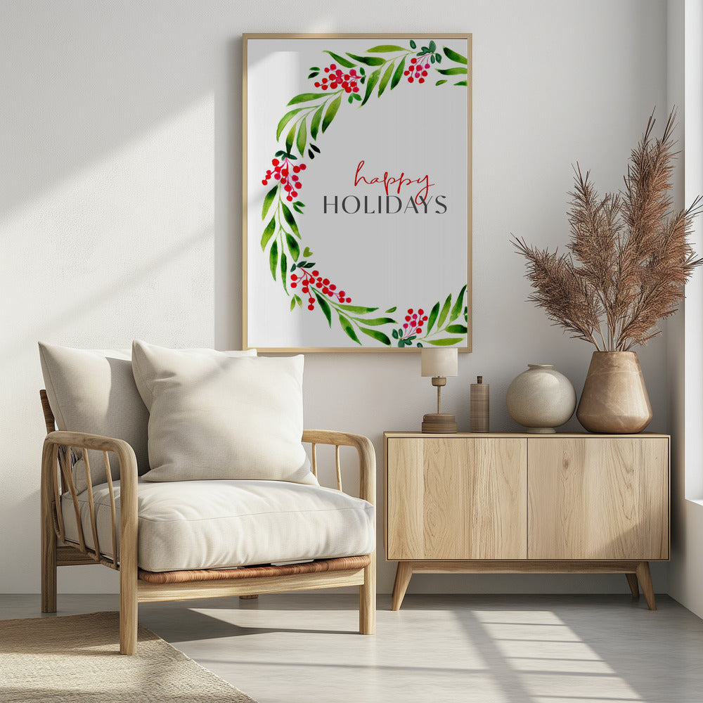 Plakat - Happy holidays watercolor wreath