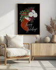 Poster - Floral Stocking Happy holidays in black