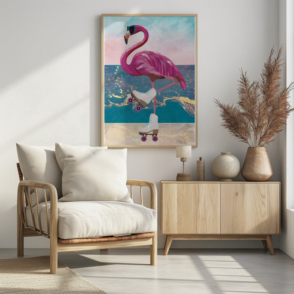 Plakat - Flamingo rollerskating on the beach