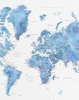 Plakat - Blue watercolor world map with cities, Simeon