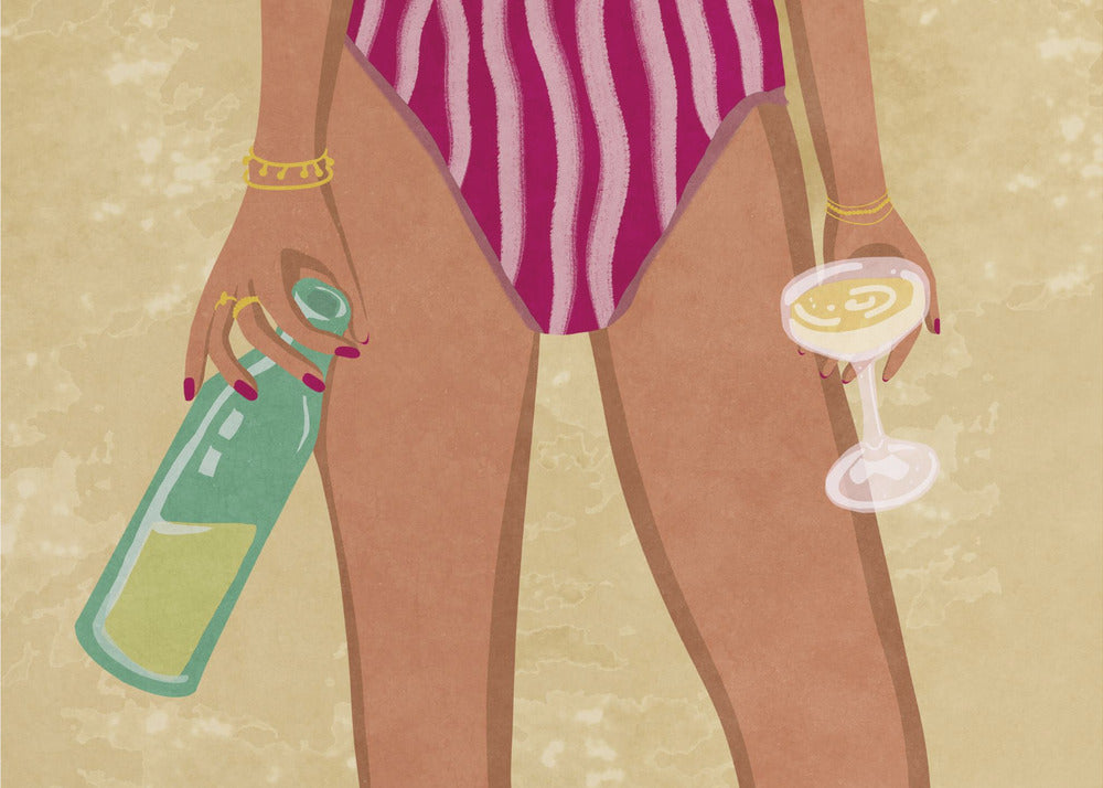 Plakat - Girl with wine at the beach