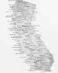 Plakat - Grayscale watercolor map of California with cities