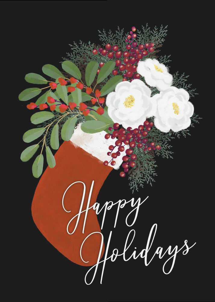 Poster - Floral Stocking Happy holidays in black