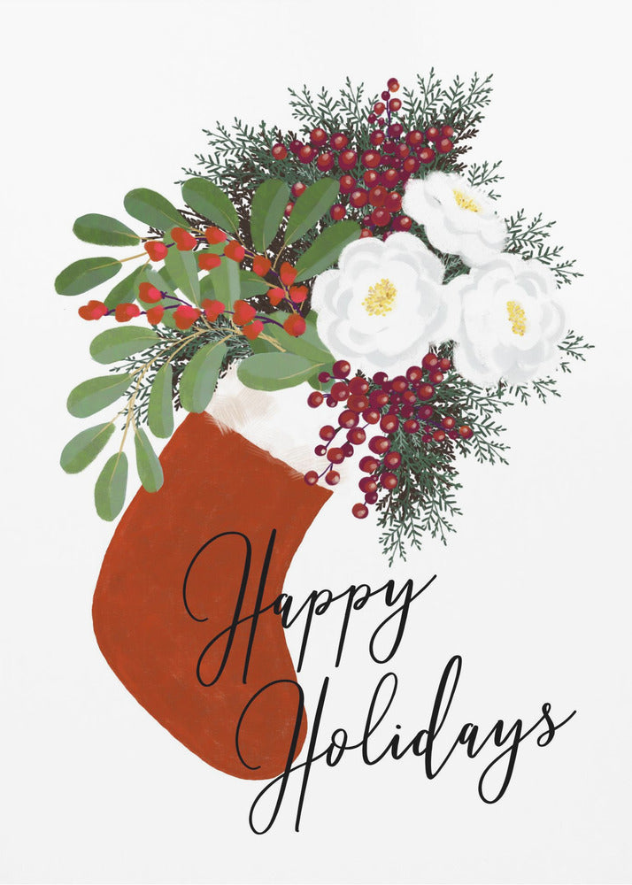 Poster - Floral Stocking Happy holidays in white