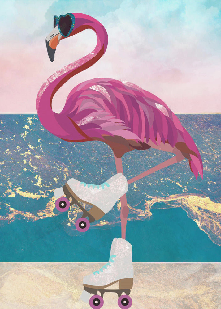 Plakat - Flamingo rollerskating on the beach