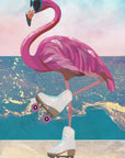 Plakat - Flamingo rollerskating on the beach